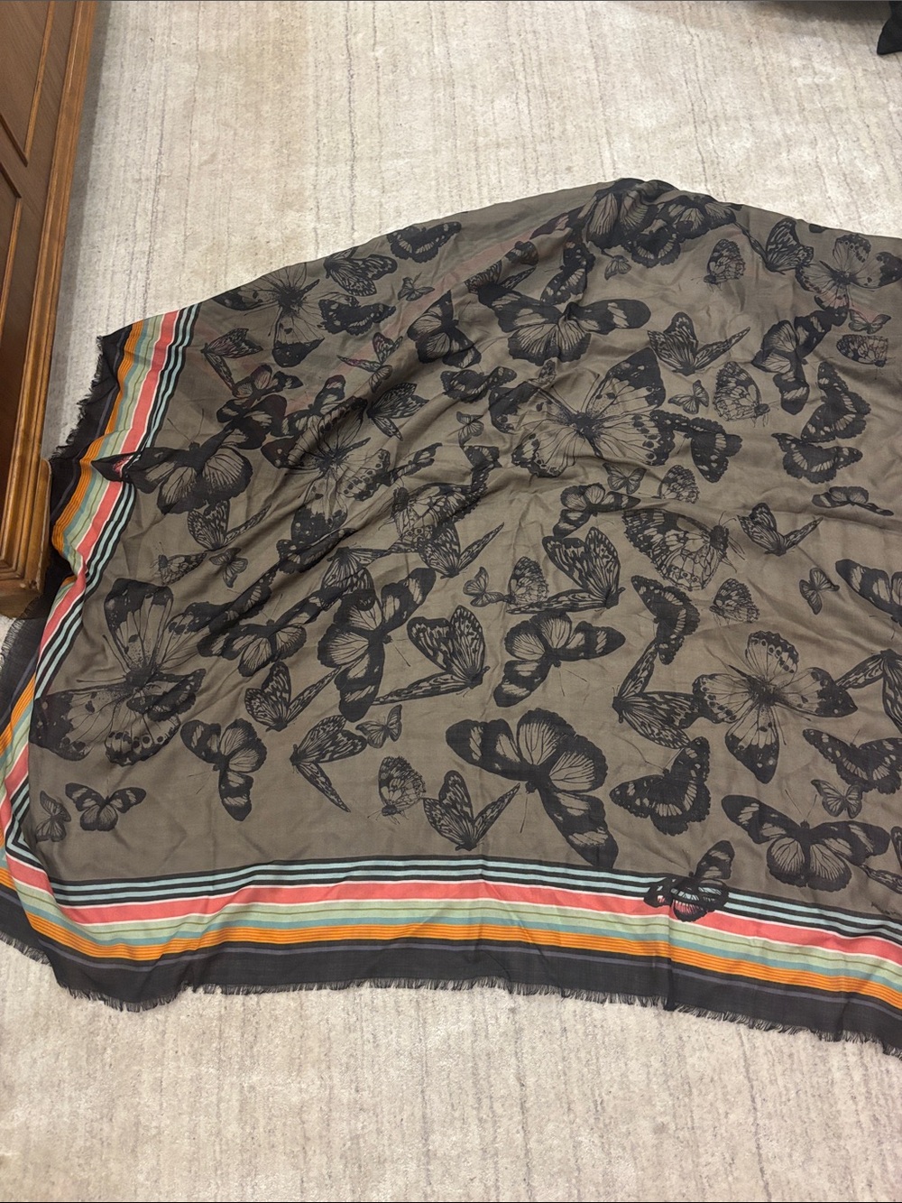 Black Butterfly Print Maxi Skirt with Multicolor Stripe Trim